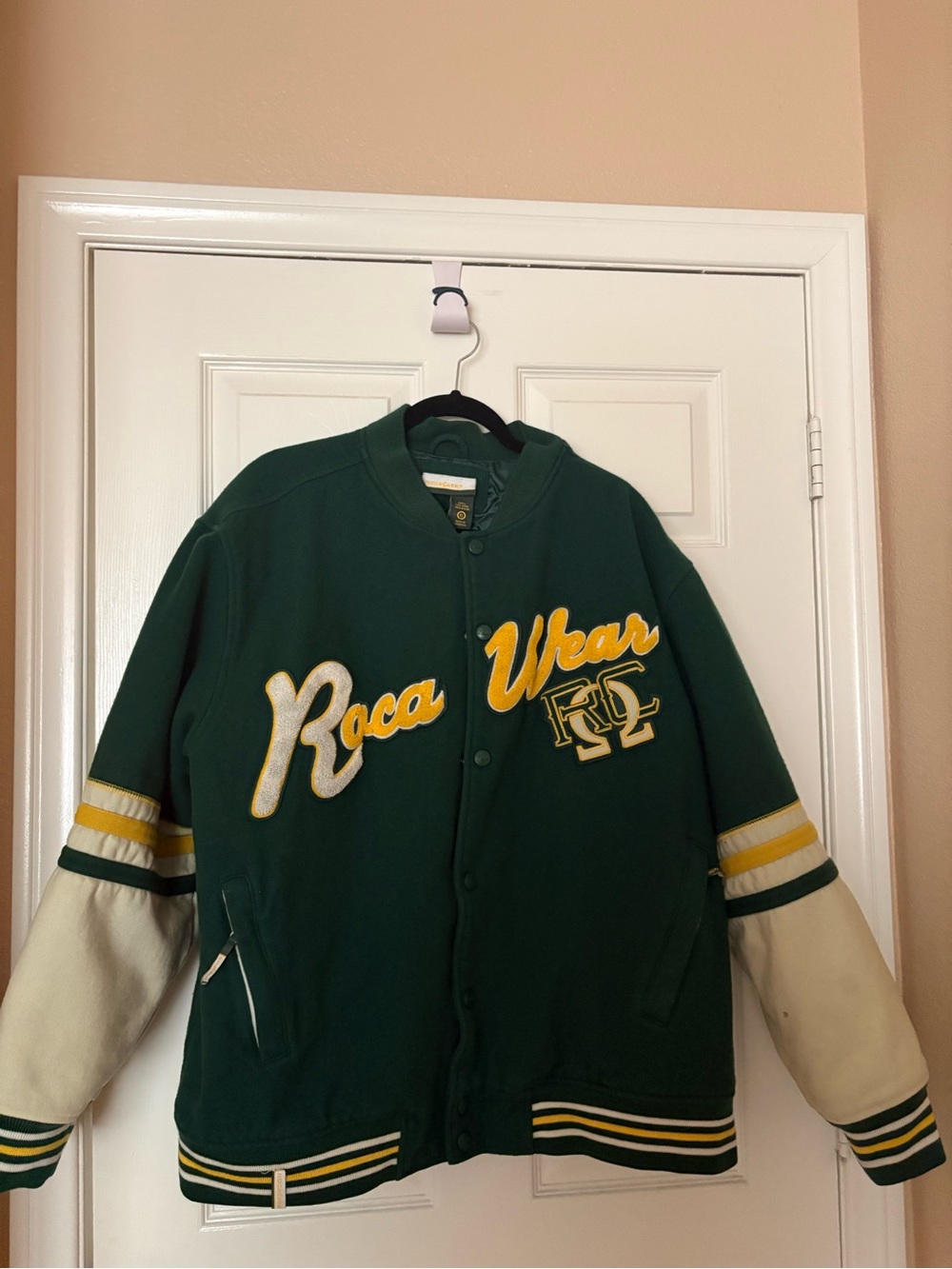 Rocawear Green and Cream Letterman Jacket with Yellow Script